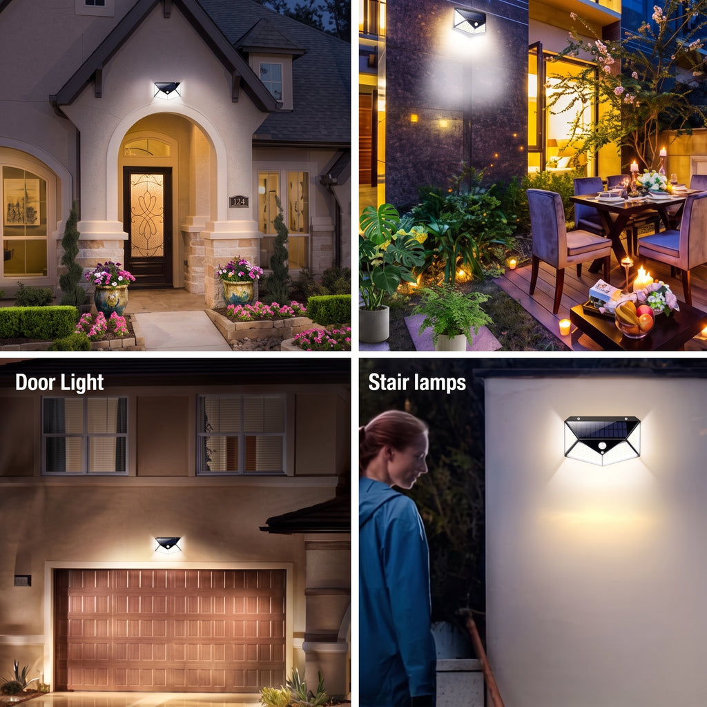 A four-panel collage showing outdoor wall-mounted light fixtures in use: a house entrance with door light, a patio with stair lamps, a garage with door light, and a person beside a wall-mounted stair lamp.