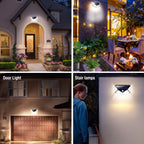 A four-panel collage showing outdoor wall-mounted light fixtures in use: a house entrance with door light, a patio with stair lamps, a garage with door light, and a person beside a wall-mounted stair lamp.