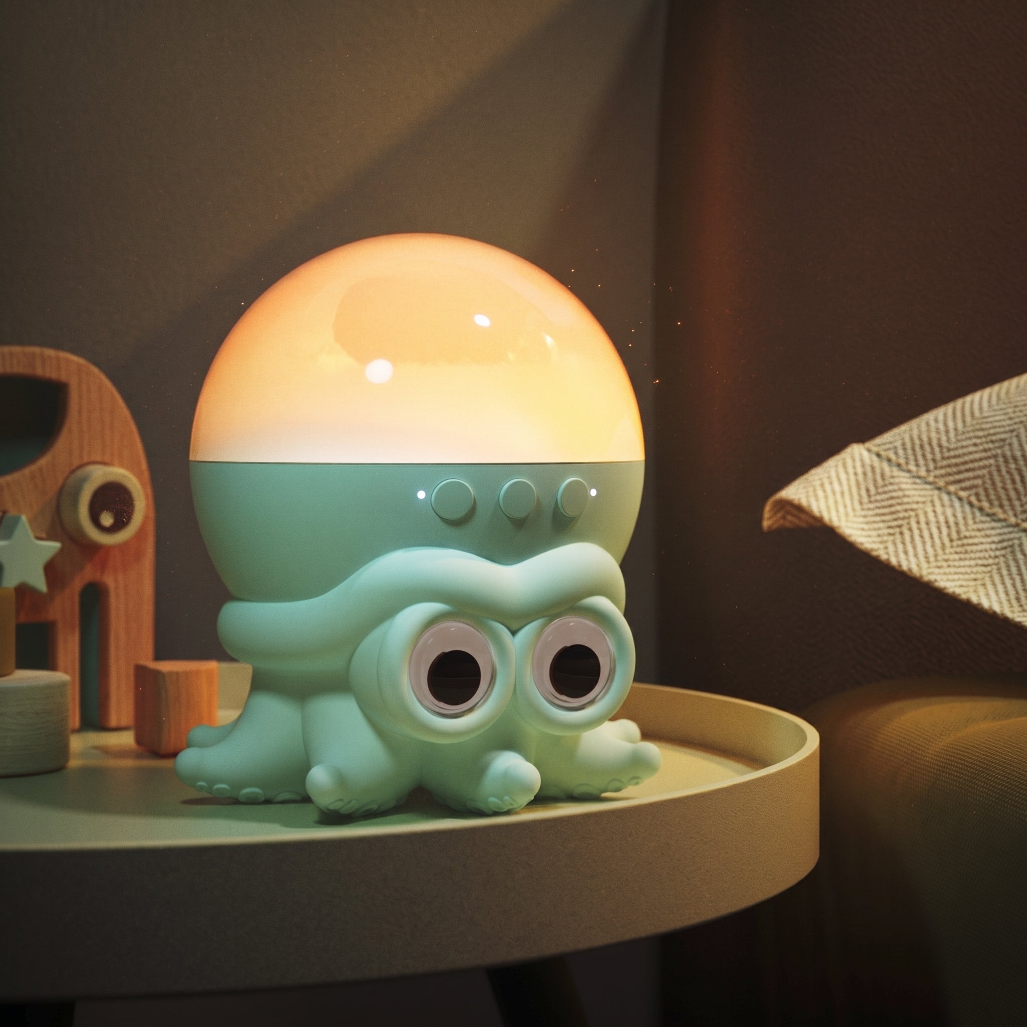 A cute octopus-shaped night light with a glowing warm dome on top, sitting on a round table in a cozy room setting.