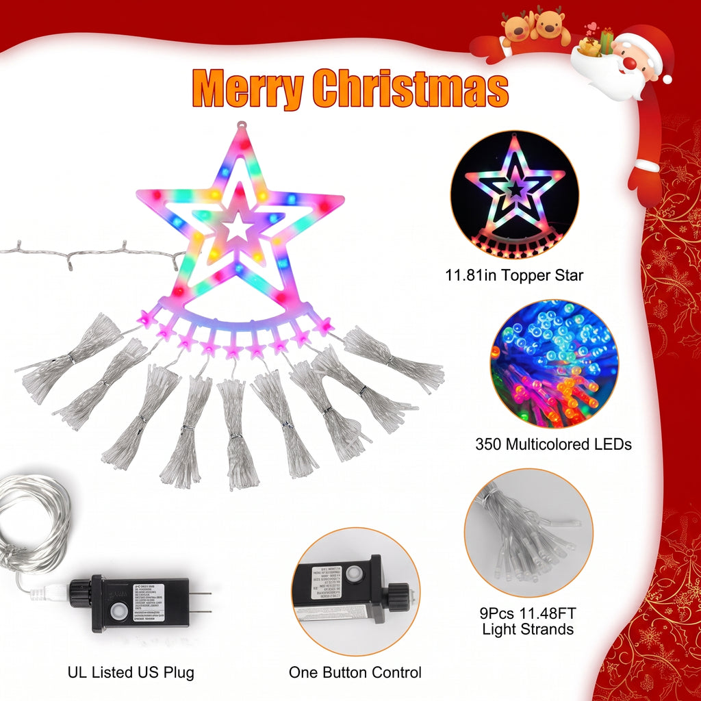 Christmas star LED string light set with a large multi-colored star and hanging tassels, shown on a white and red graphic background with feature callouts and a US plug adapter.