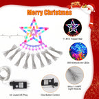 Christmas star LED string light set with a large multi-colored star and hanging tassels, shown on a white and red graphic background with feature callouts and a US plug adapter.