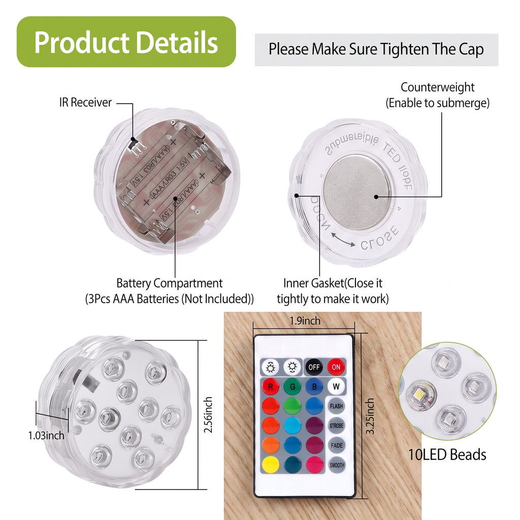 Product details diagram for a 10LED round underwater LED light with labels, dimensions, a remote control, and a close-up of the 10LED beads on a white background.