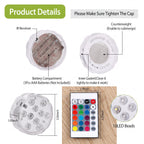 Product details diagram for a 10LED round underwater LED light with labels, dimensions, a remote control, and a close-up of the 10LED beads on a white background.