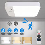 A rectangular white ceiling light fixture shown against a gray wall, with feature icons and a remote control below. The image includes labels for PIR motion sensor, 10 brightness levels, magnetic, and remote control, plus small inset photos showing different light modes.
