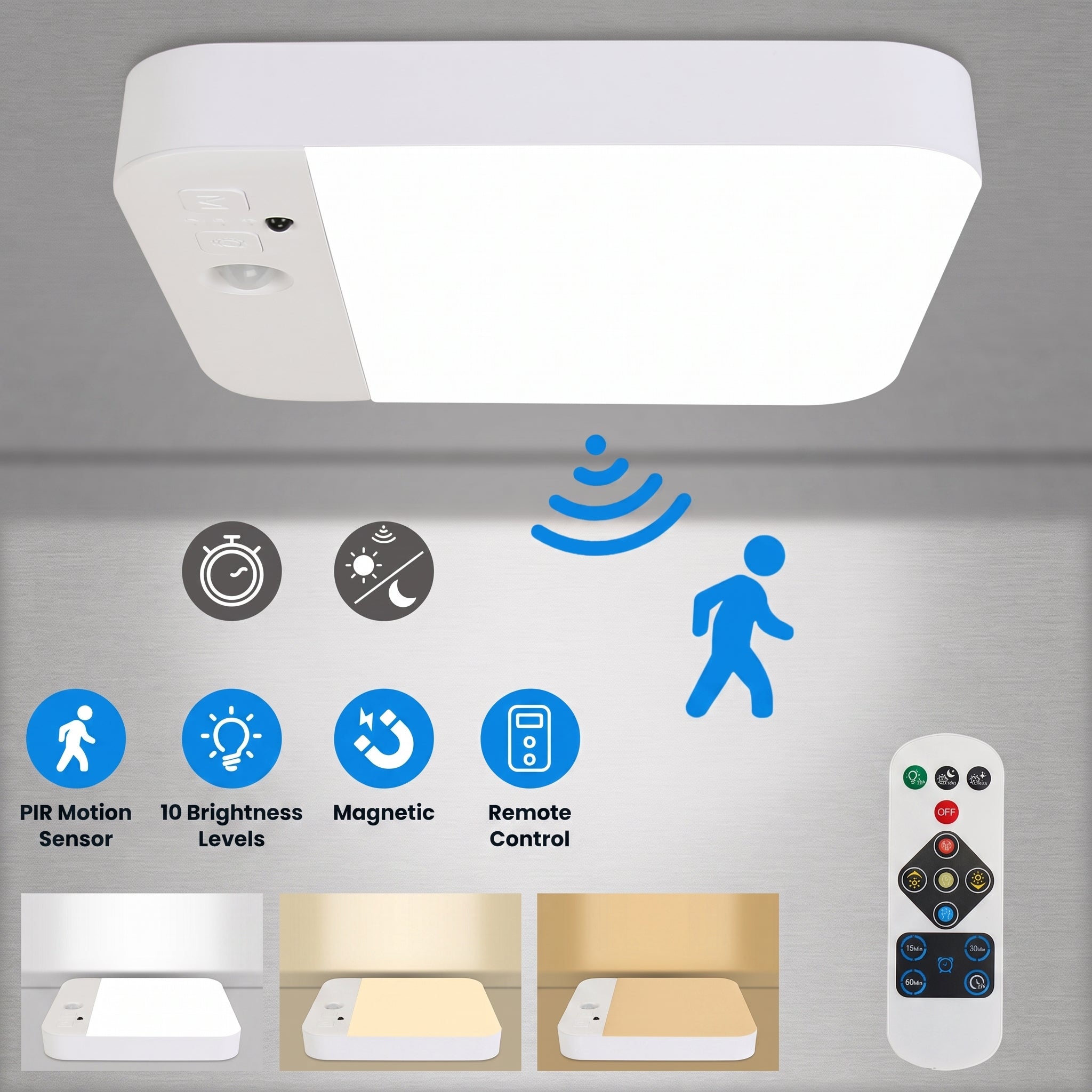 A rectangular white ceiling light fixture shown against a gray wall, with feature icons and a remote control below. The image includes labels for PIR motion sensor, 10 brightness levels, magnetic, and remote control, plus small inset photos showing different light modes.