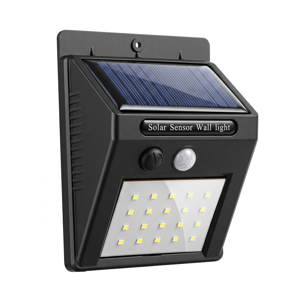 Black solar sensor wall light with an integrated solar panel, motion sensor, and LED light bar, shown on a plain white background.