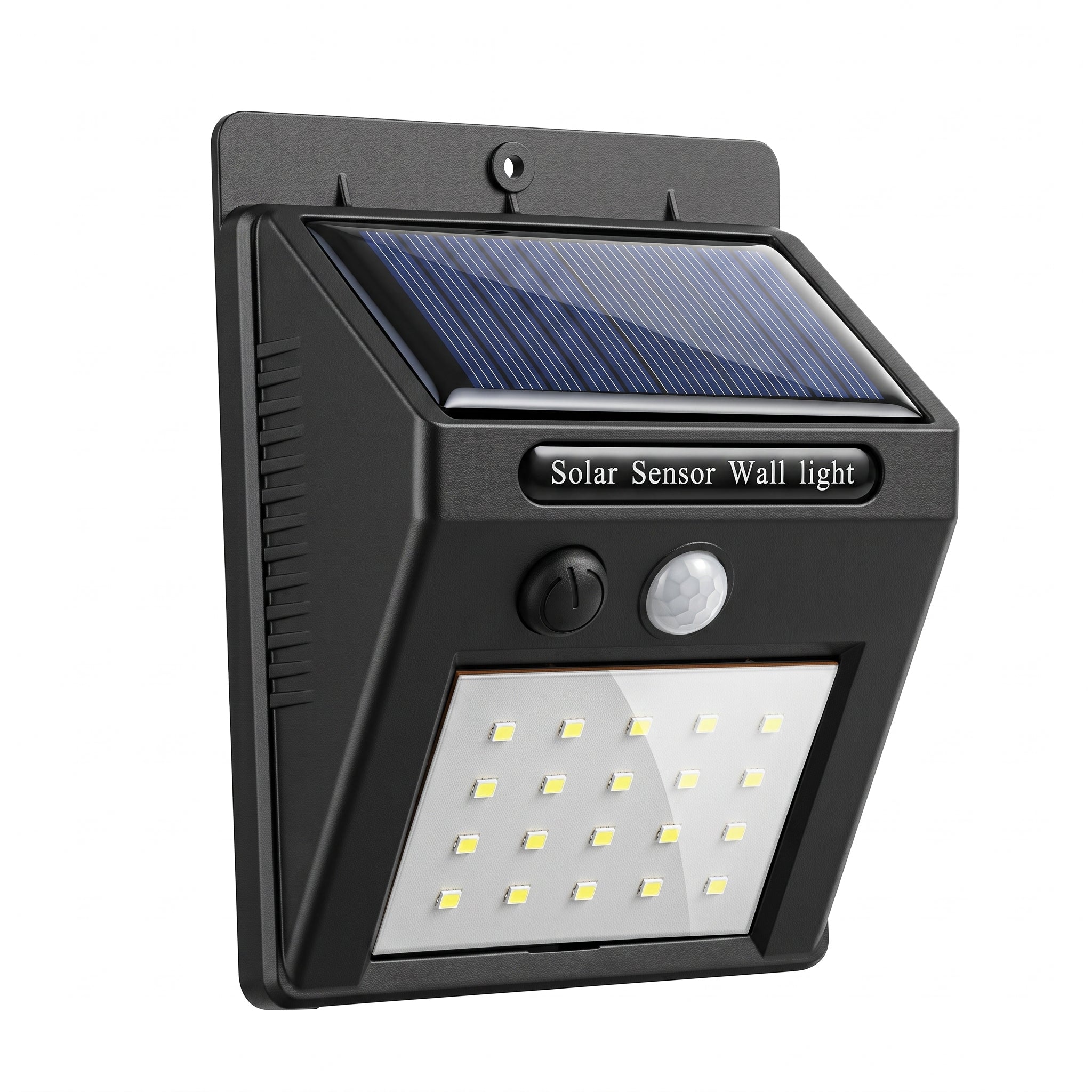 Black solar sensor wall light with an integrated solar panel, motion sensor, and LED light bar, shown on a plain white background.