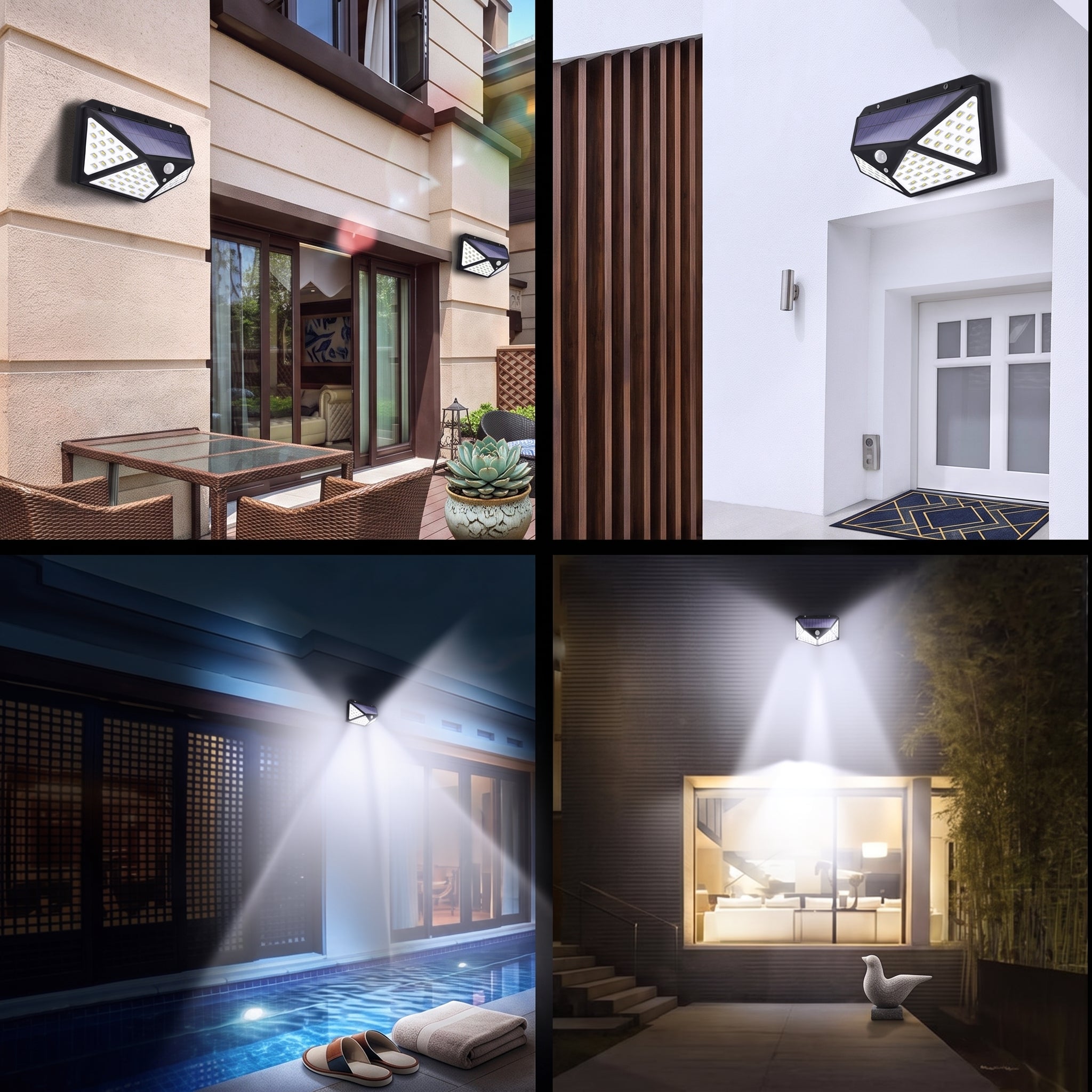 A four-panel collage showing outdoor wall-mounted solar lights installed on a beige house exterior, a white entryway, a poolside patio at night, and a dark walkway at night. Each panel shows the black rectangular light fixture mounted on a wall, with beams of white light projecting outward.